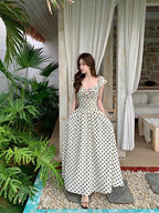 Polka Dot V - Neck Twisted Bust Flutter Sleeve Maxi Dress - EveningVerse - 12