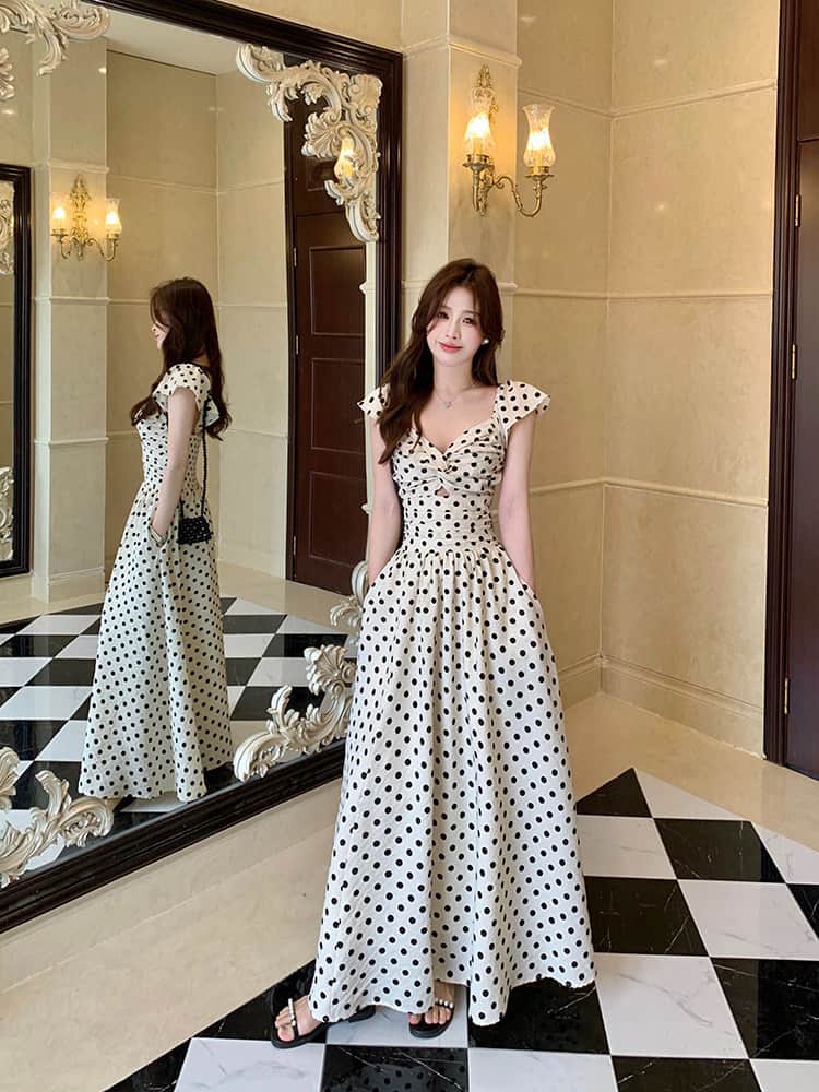 Polka Dot V - Neck Twisted Bust Flutter Sleeve Maxi Dress - EveningVerse - 5