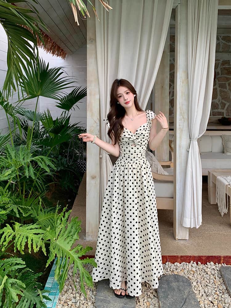 Polka Dot V - Neck Twisted Bust Flutter Sleeve Maxi Dress - EveningVerse - 3