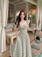 Polka Dot V - Neck Twisted Bust Flutter Sleeve Maxi Dress - EveningVerse - 2