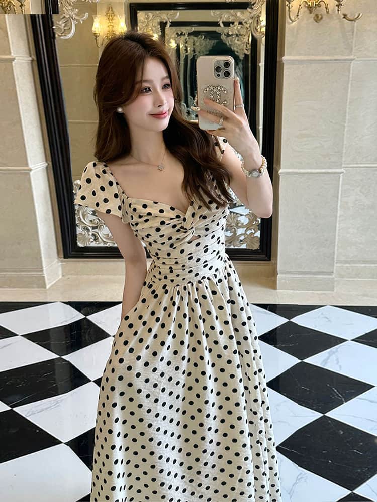Polka Dot V - Neck Twisted Bust Flutter Sleeve Maxi Dress - EveningVerse - 9