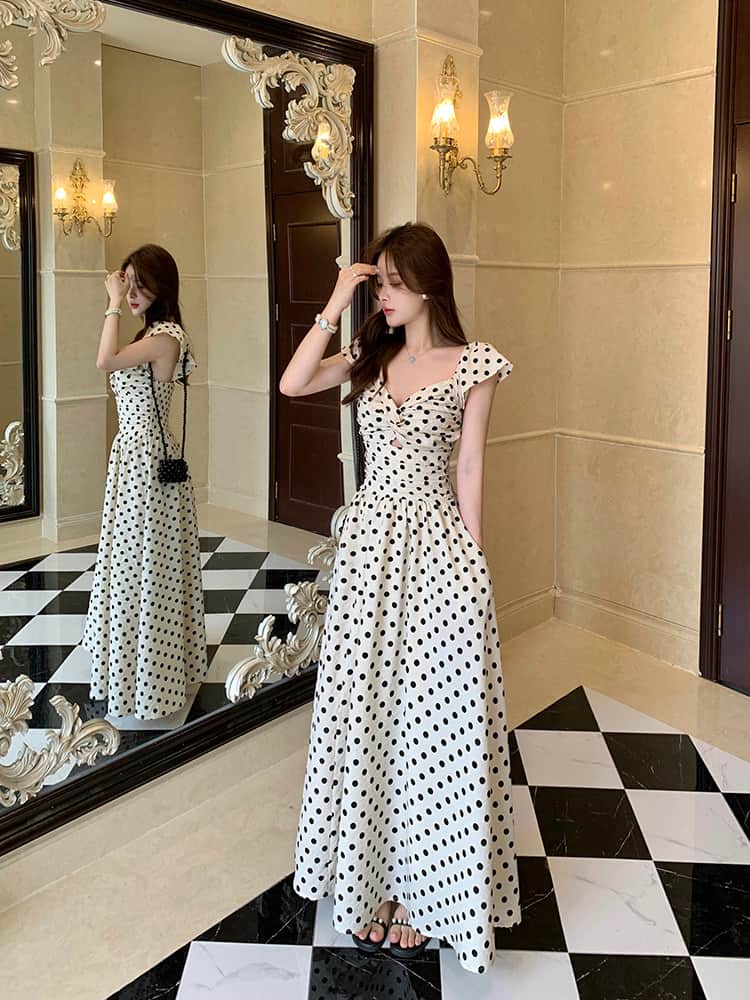 Polka Dot V - Neck Twisted Bust Flutter Sleeve Maxi Dress - EveningVerse - 7