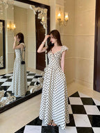 Polka Dot V - Neck Twisted Bust Flutter Sleeve Maxi Dress - EveningVerse - 7