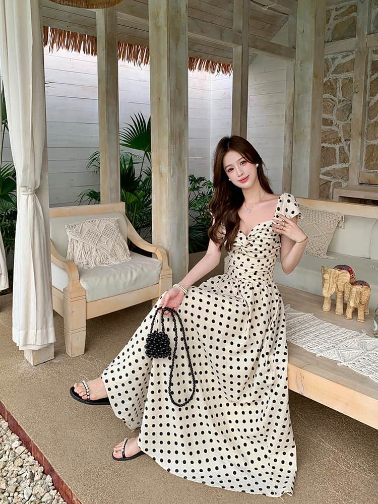 Polka Dot V - Neck Twisted Bust Flutter Sleeve Maxi Dress - EveningVerse - 4