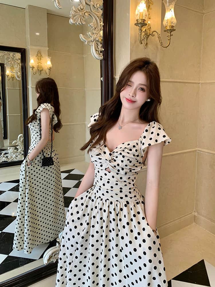 Polka Dot V - Neck Twisted Bust Flutter Sleeve Maxi Dress - EveningVerse - 6