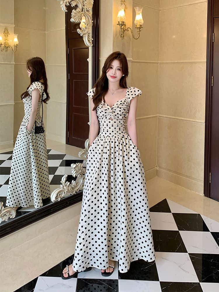 Polka Dot V - Neck Twisted Bust Flutter Sleeve Maxi Dress - EveningVerse - 8