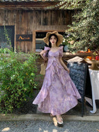 Purple Floral Print Sweetheart Puff Sleeve Maxi Dress - EveningVerse - 3