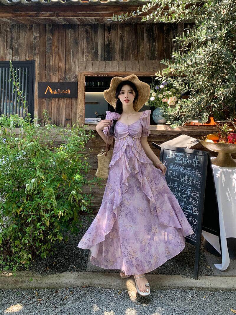 Purple Floral Print Sweetheart Puff Sleeve Maxi Dress - EveningVerse - 3
