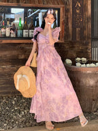 Purple Floral Print Sweetheart Puff Sleeve Maxi Dress - EveningVerse - 10