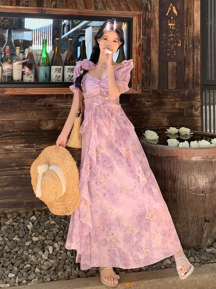 Purple Floral Print Sweetheart Puff Sleeve Maxi Dress - EveningVerse - 10