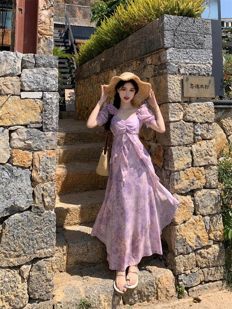 Purple Floral Print Sweetheart Puff Sleeve Maxi Dress - EveningVerse - 5