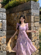 Purple Floral Print Sweetheart Puff Sleeve Maxi Dress - EveningVerse - 8