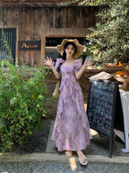 Purple Floral Print Sweetheart Puff Sleeve Maxi Dress - EveningVerse - 4