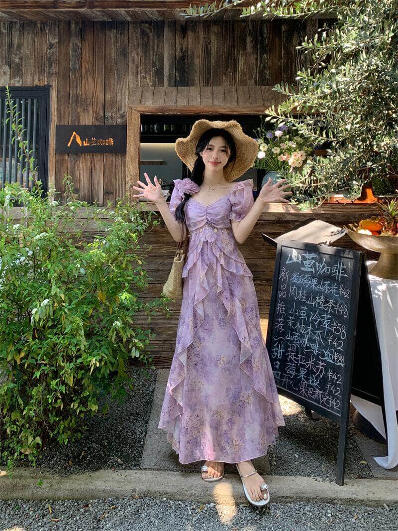 Purple Floral Print Sweetheart Puff Sleeve Maxi Dress - EveningVerse - 4