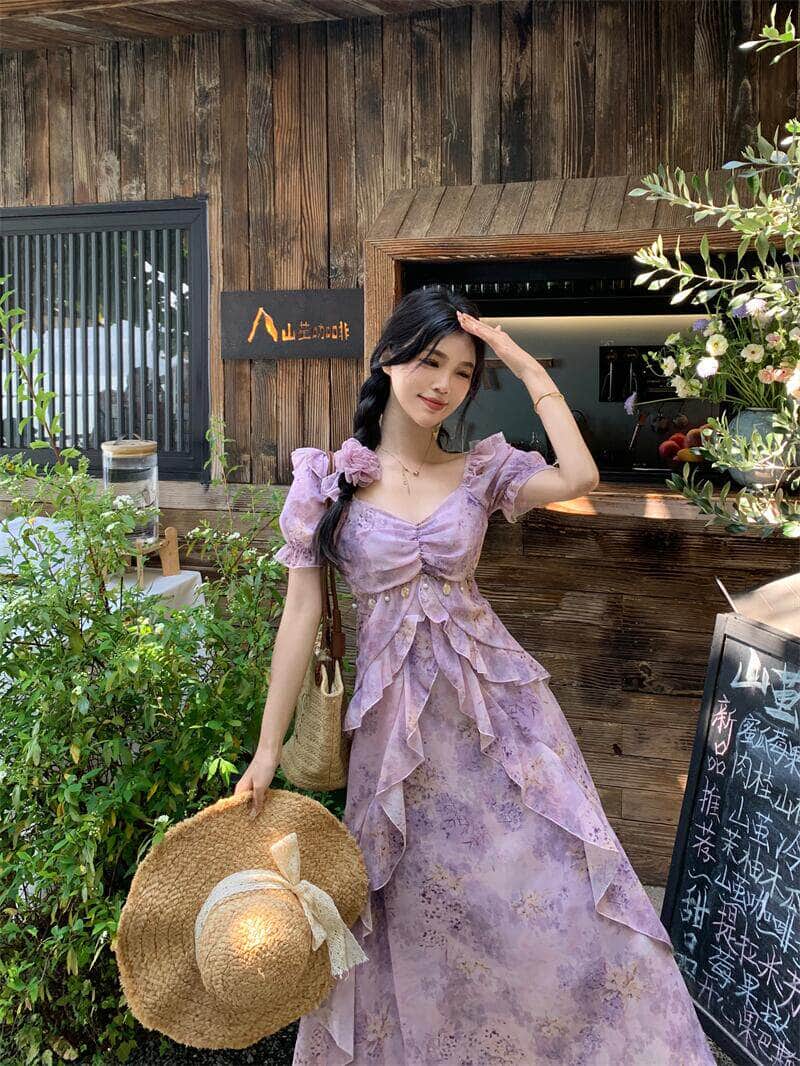 Purple Floral Print Sweetheart Puff Sleeve Maxi Dress Secondary image