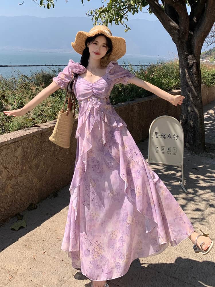 Purple Floral Print Sweetheart Puff Sleeve Maxi Dress - EveningVerse - 11