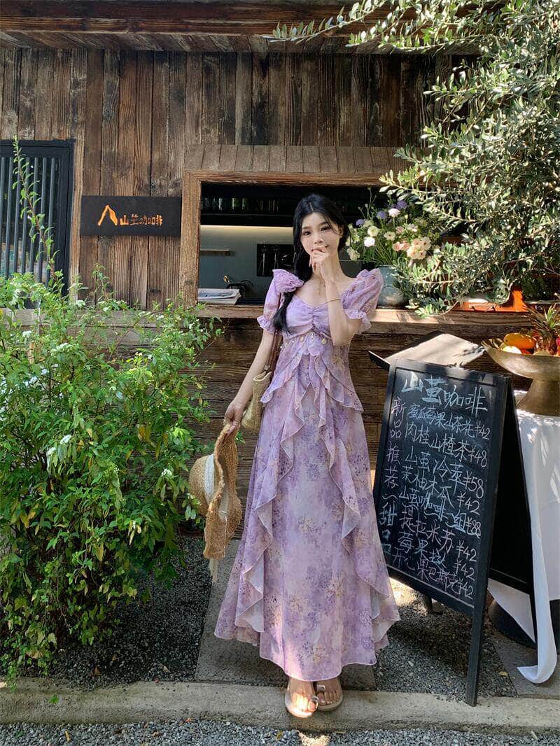 Purple Floral Print Sweetheart Puff Sleeve Maxi Dress - EveningVerse - 1