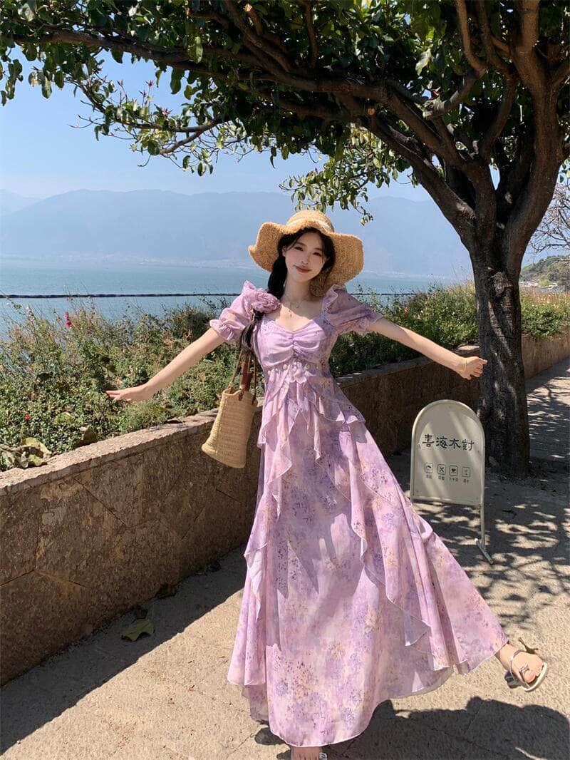 Purple Floral Print Sweetheart Puff Sleeve Maxi Dress - EveningVerse - 6