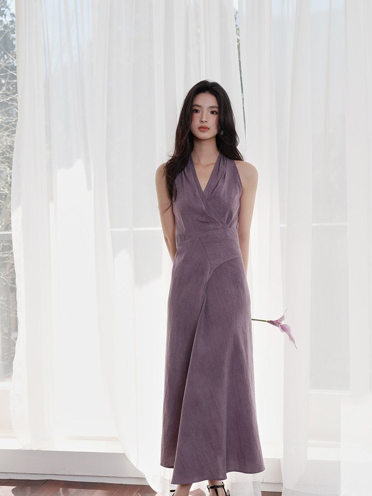 Purple Halter Neck Sleeveless Ruched Waist Slim Fit Maxi Dress - EveningVerse - 2