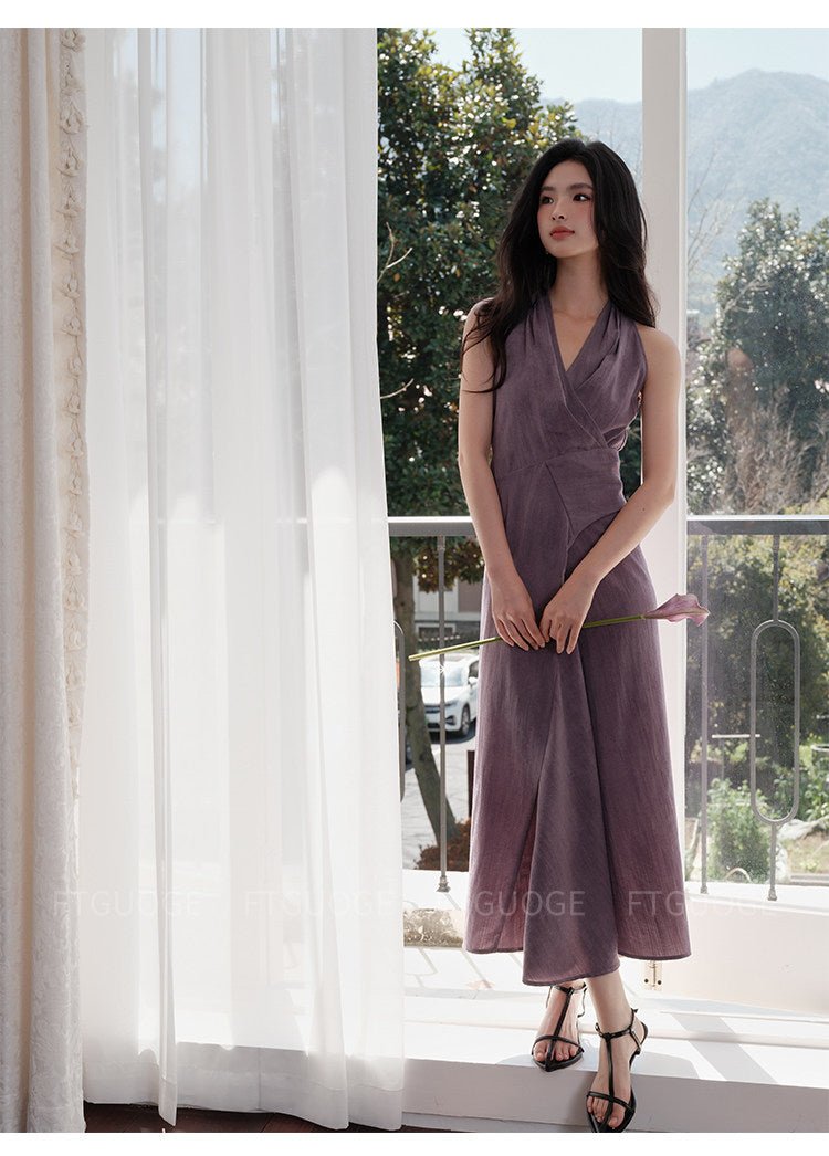 Purple Halter Neck Sleeveless Ruched Waist Slim Fit Maxi Dress - EveningVerse - 9