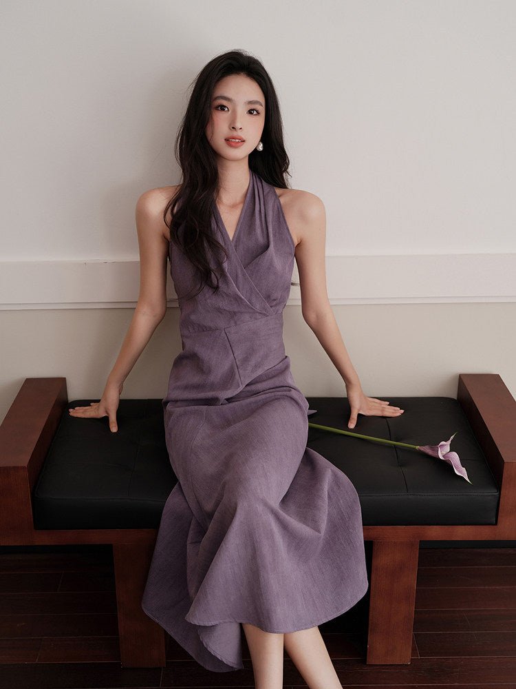 Purple Halter Neck Sleeveless Ruched Waist Slim Fit Maxi Dress - EveningVerse - 5