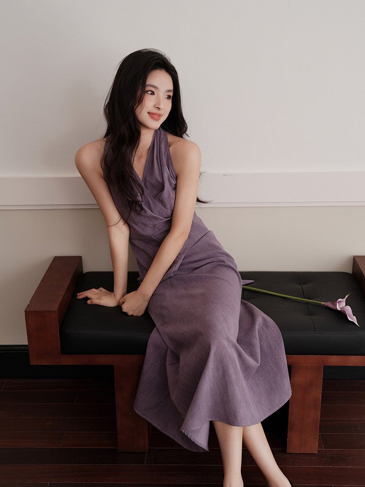 Purple Halter Neck Sleeveless Ruched Waist Slim Fit Maxi Dress - EveningVerse - 3