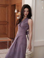 Purple Halter Neck Sleeveless Ruched Waist Slim Fit Maxi Dress - EveningVerse - 4