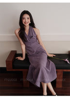 Purple Halter Neck Sleeveless Ruched Waist Slim Fit Maxi Dress - EveningVerse - 6
