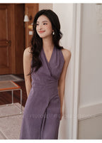 Purple Halter Neck Sleeveless Ruched Waist Slim Fit Maxi Dress - EveningVerse - 8