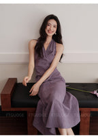 Purple Halter Neck Sleeveless Ruched Waist Slim Fit Maxi Dress - EveningVerse - 7