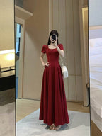 Red Puff Sleeve Square Neck Fit - and - Flare Maxi Dress - EveningVerse - 10