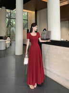 Red Puff Sleeve Square Neck Fit - and - Flare Maxi Dress - EveningVerse - 7