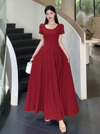 Red Puff Sleeve Square Neck Fit - and - Flare Maxi Dress - EveningVerse - 2