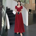 Red Puff Sleeve Square Neck Fit - and - Flare Maxi Dress - EveningVerse - 13