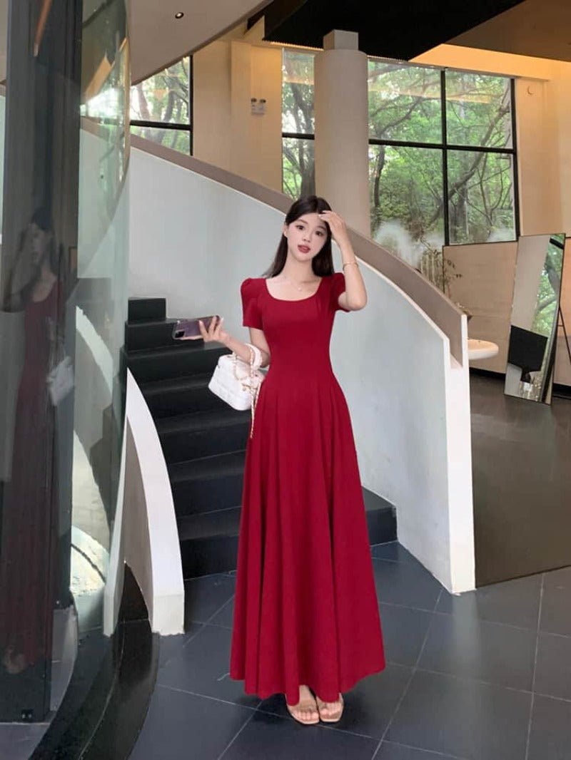 Red Puff Sleeve Square Neck Fit - and - Flare Maxi Dress - EveningVerse - 1 Main image