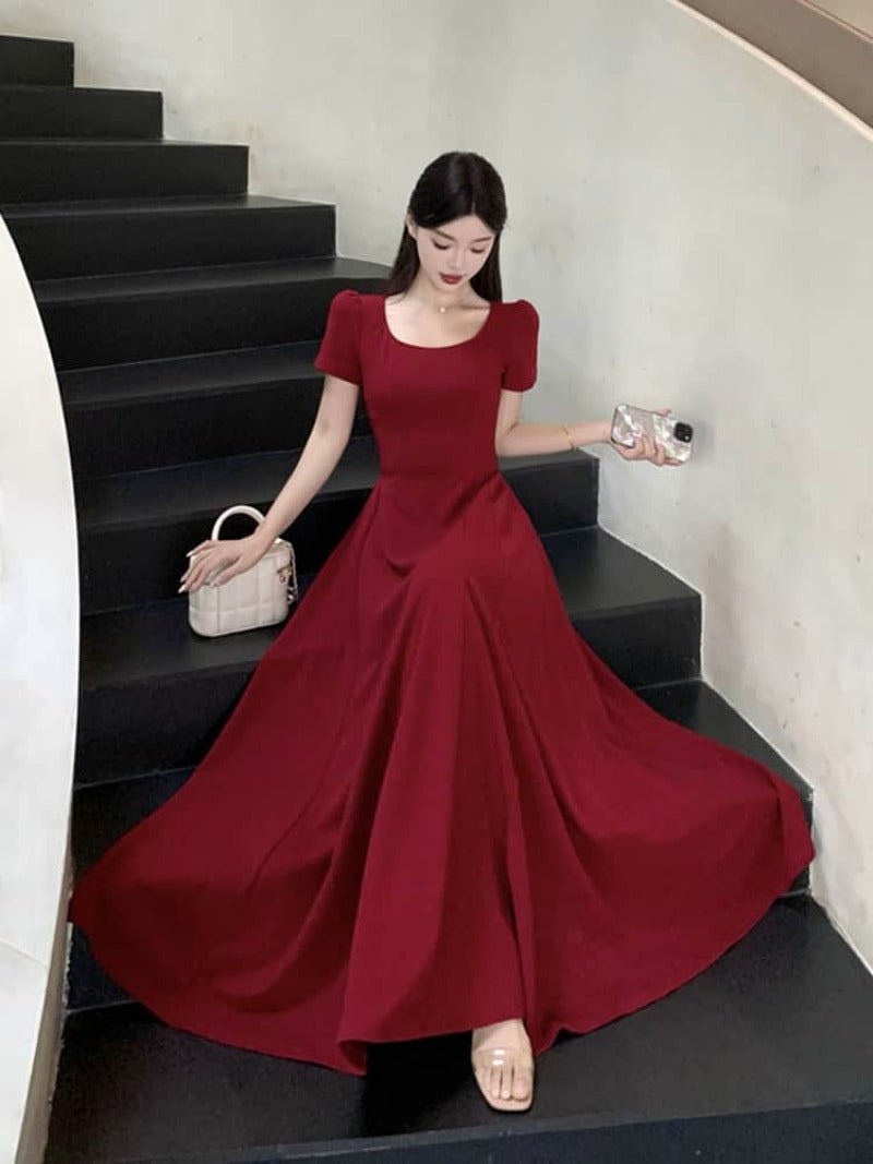 Red Puff Sleeve Square Neck Fit - and - Flare Maxi Dress - EveningVerse - 3