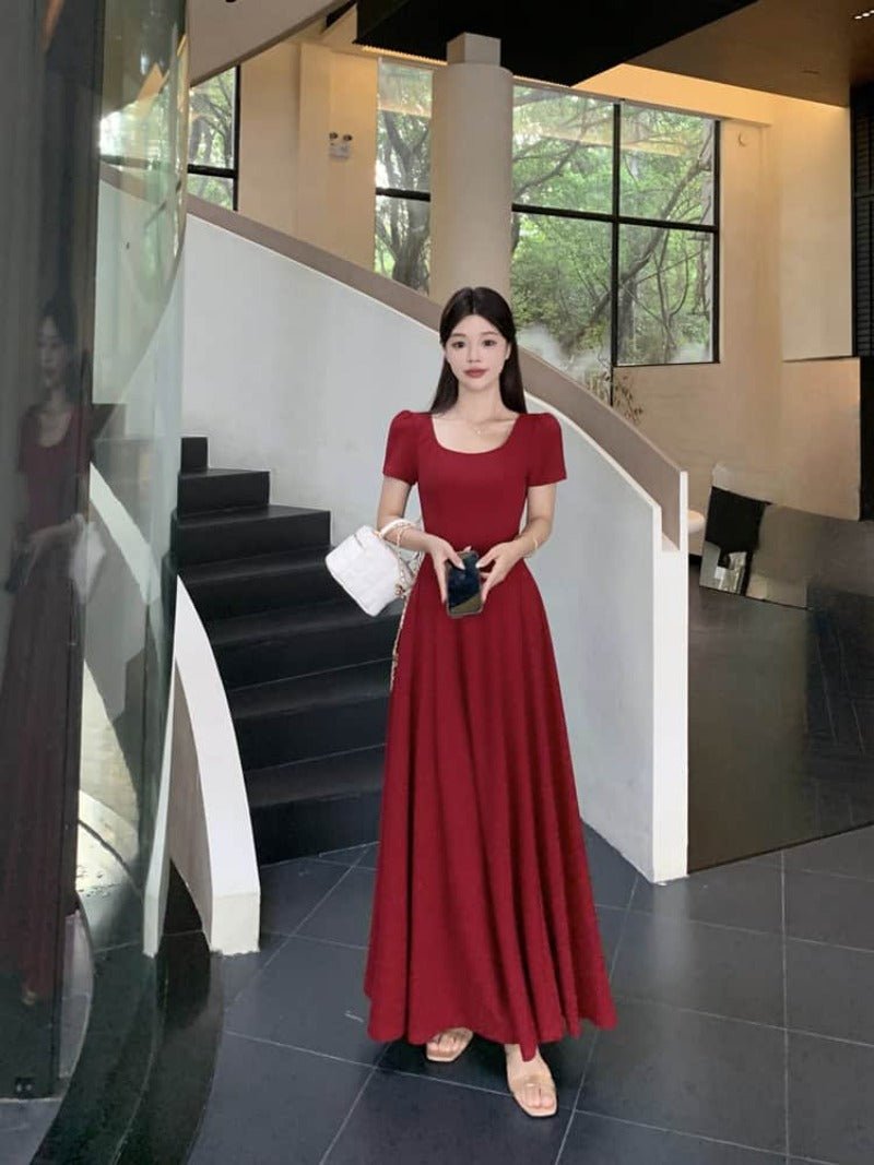 Red Puff Sleeve Square Neck Fit - and - Flare Maxi Dress - EveningVerse - 8