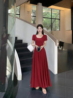 Red Puff Sleeve Square Neck Fit - and - Flare Maxi Dress - EveningVerse - 8