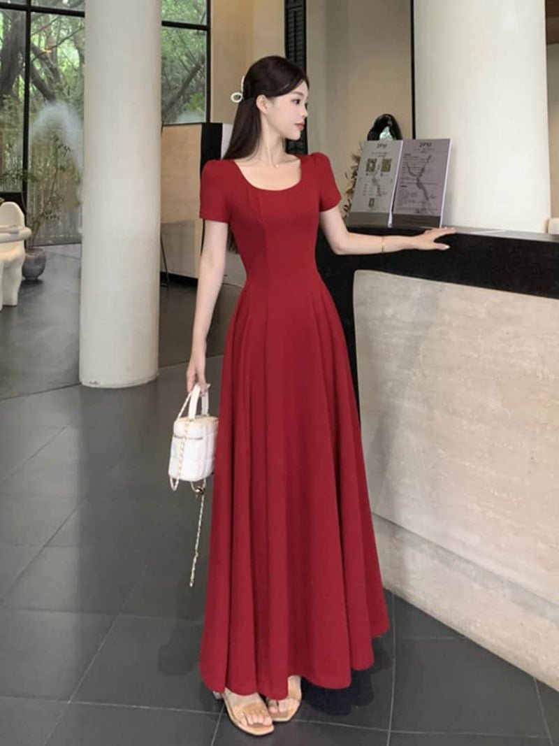Red Puff Sleeve Square Neck Fit - and - Flare Maxi Dress - EveningVerse - 4
