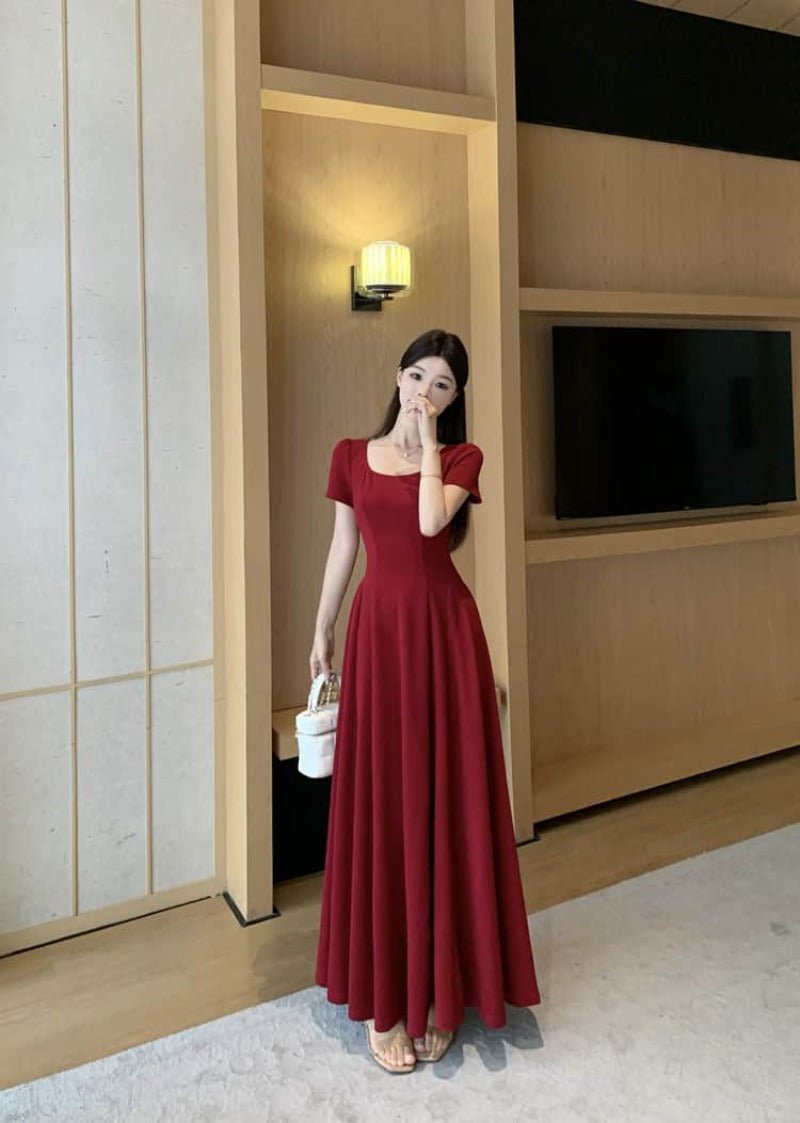 Red Puff Sleeve Square Neck Fit - and - Flare Maxi Dress - EveningVerse - 6