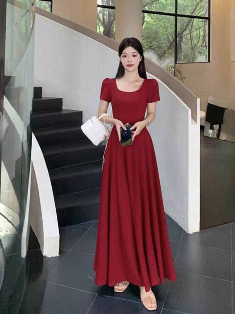 Red Puff Sleeve Square Neck Fit - and - Flare Maxi Dress - EveningVerse - 5