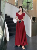 Red Puff Sleeve Square Neck Fit - and - Flare Maxi Dress - EveningVerse - 5