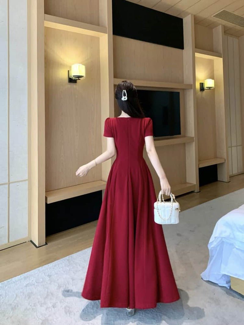 Red Puff Sleeve Square Neck Fit - and - Flare Maxi Dress - EveningVerse - 12