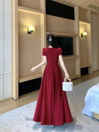 Red Puff Sleeve Square Neck Fit - and - Flare Maxi Dress - EveningVerse - 12