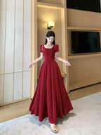 Red Puff Sleeve Square Neck Fit - and - Flare Maxi Dress - EveningVerse - 11