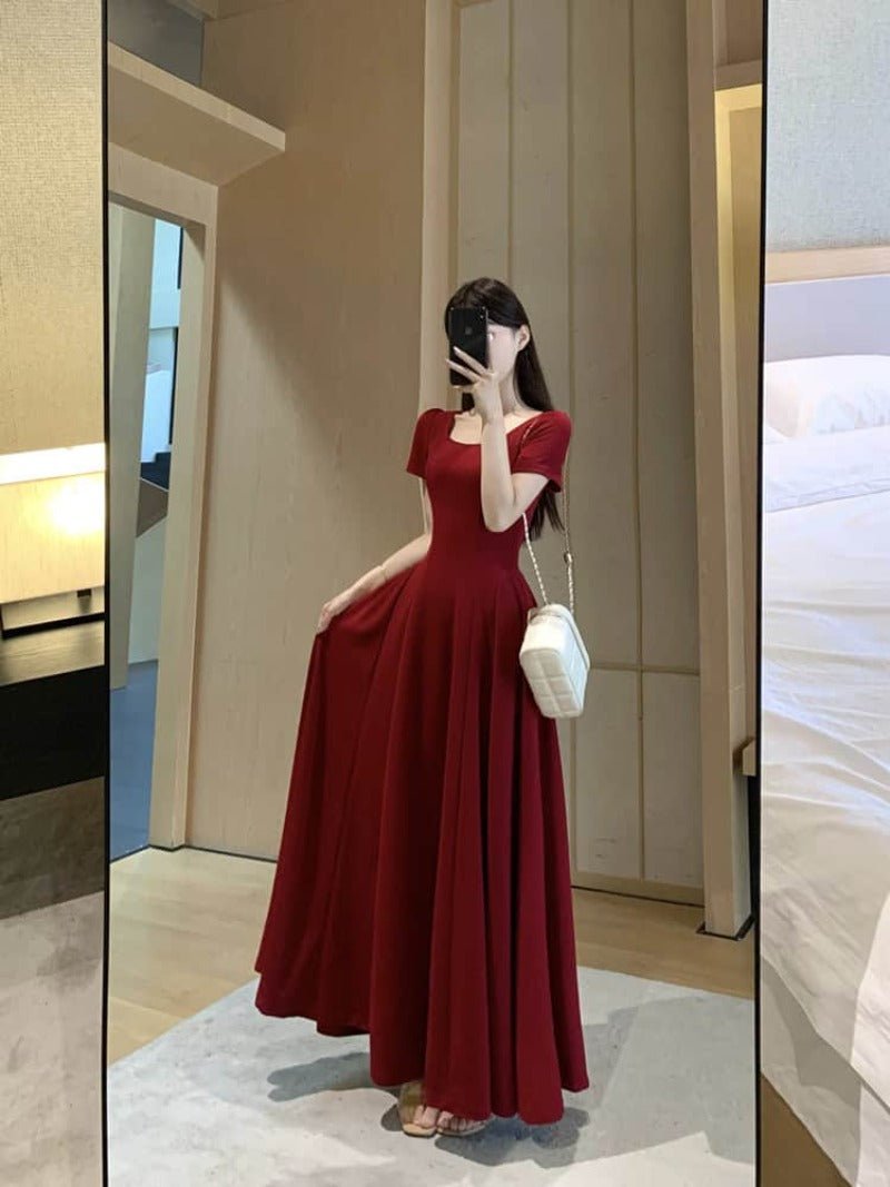 Red Puff Sleeve Square Neck Fit - and - Flare Maxi Dress - EveningVerse - 9
