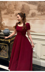 Red/Black Square Neck Short Sleeve A - Line Maxi Dress - EveningVerse - 9