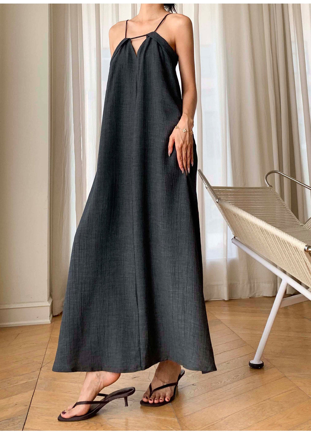Relaxed V - Neck Spaghetti Strap Maxi Dress - EveningVerse - 3