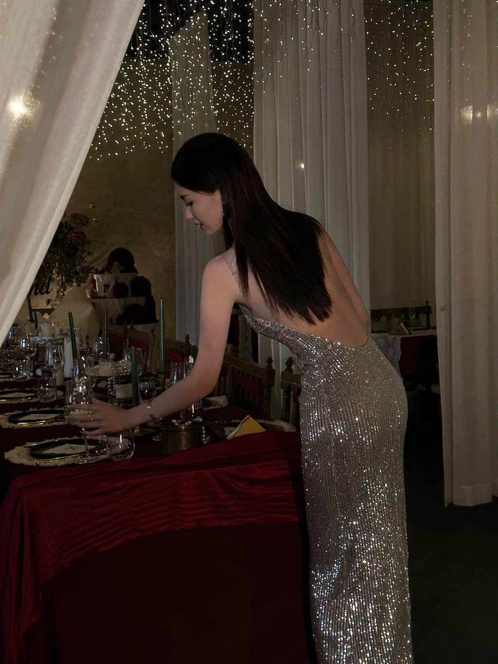 Sequin Slip Dress Metallic Silver Fishtail for Evening Party | Eveningverse - EveningVerse - 4