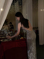 Sequin Slip Dress Metallic Silver Fishtail for Evening Party | Eveningverse - EveningVerse - 4